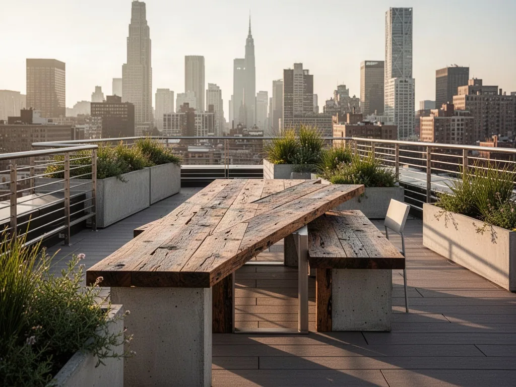 A corporate rooftop terrace with a long reclaimed wooden table, sleek concrete planters, brushed steel railing, soft lat