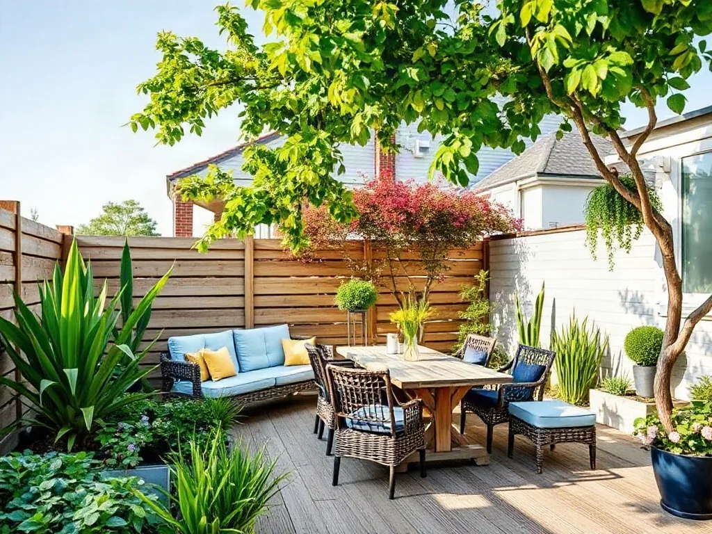 Collaborateurs en réunion sur une terrasse d'entreprise aménagée avec mobilier moderne et plantes