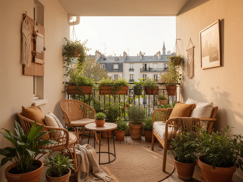 Petit balcon aménagé avec des plantes en pots, jardinières fleuries et herbes aromatiques sur fond de ville