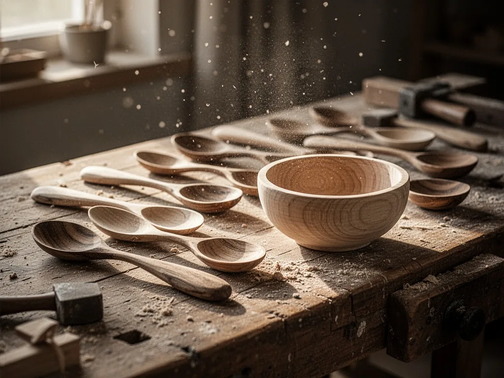 A wooden workbench scattered with hand-carved wooden spoons and a half-finished bowl, soft dust motes floating in late-a