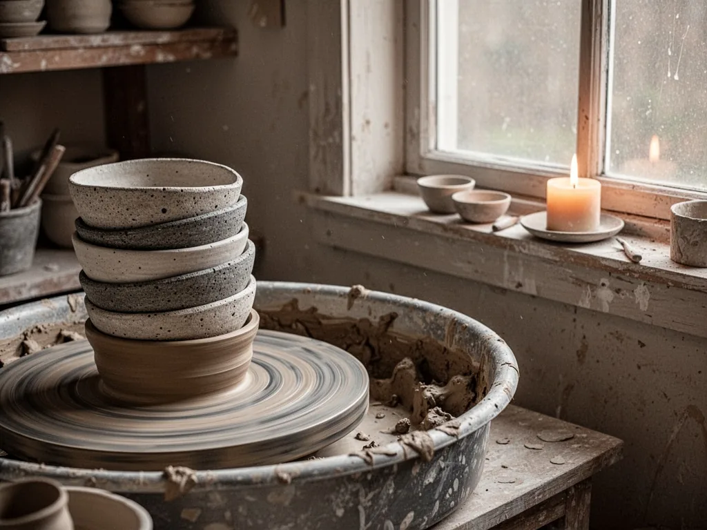 A rustic pottery workshop with a clay wheel, stacked stoneware bowls, and a single candle on a windowsill, gentle northe