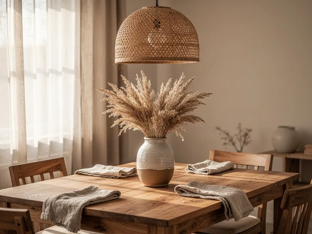 A wooden dining table with a ceramic vase of dried grasses and linen napkins, a woven pendant lamp above, warm morning l