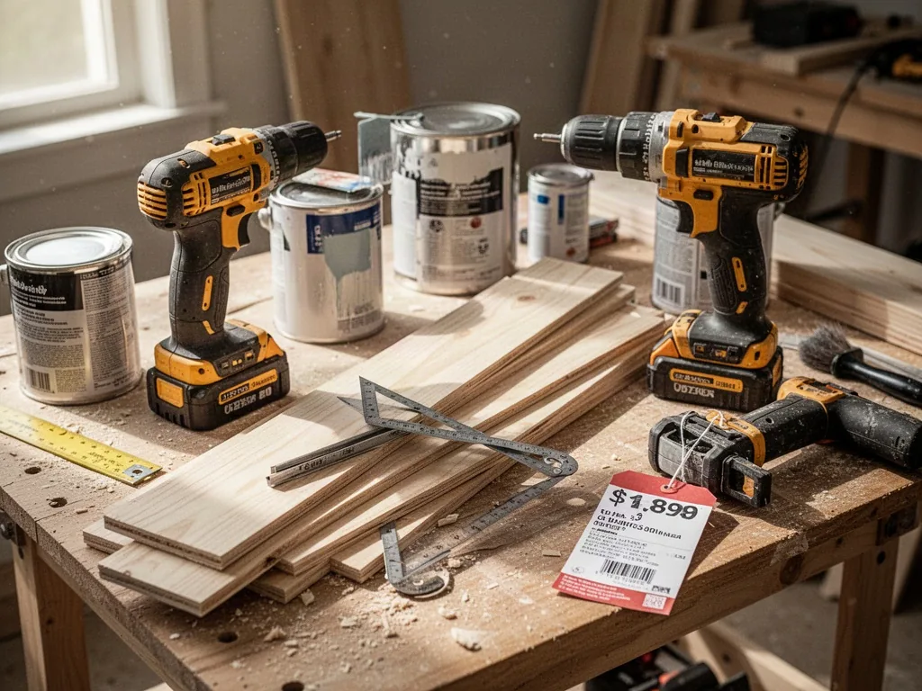 A cluttered workbench with a cordless drill, paint cans, wooden planks, folded ruler, and a price tag on a tool, bright