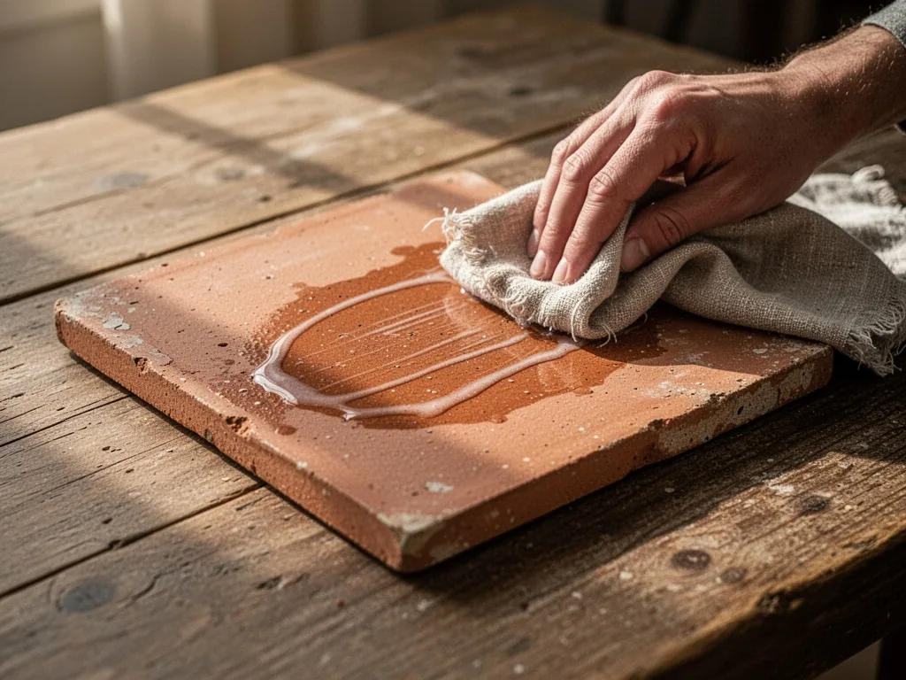 An aged unglazed ceramic tile being oiled with a linen cloth, warm morning light casting soft shadows, wooden table surf