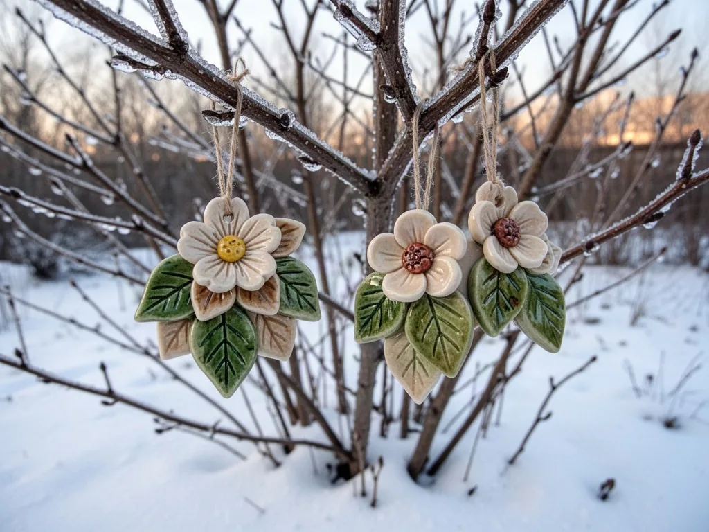 Hand-painted polymer clay flower and leaf ornaments with glossy varnish hanging from frozen bare branches of a garden sh