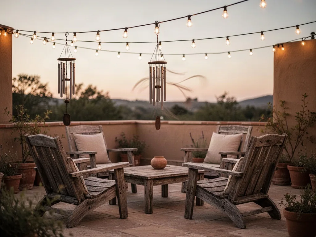 A private terrace with warm string lights overhead, a metal wind chime catching breeze, and weathered wooden chairs arou