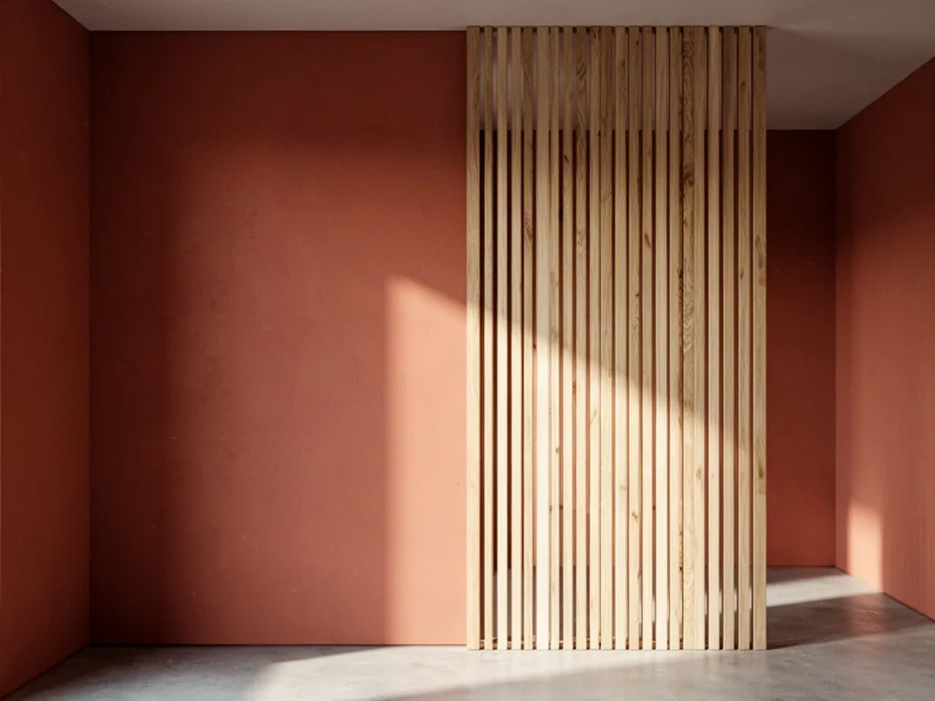 A tall interior wall in matte terracotta beside a pale oak wood slat partition, warm sunlight raking across the grain, m