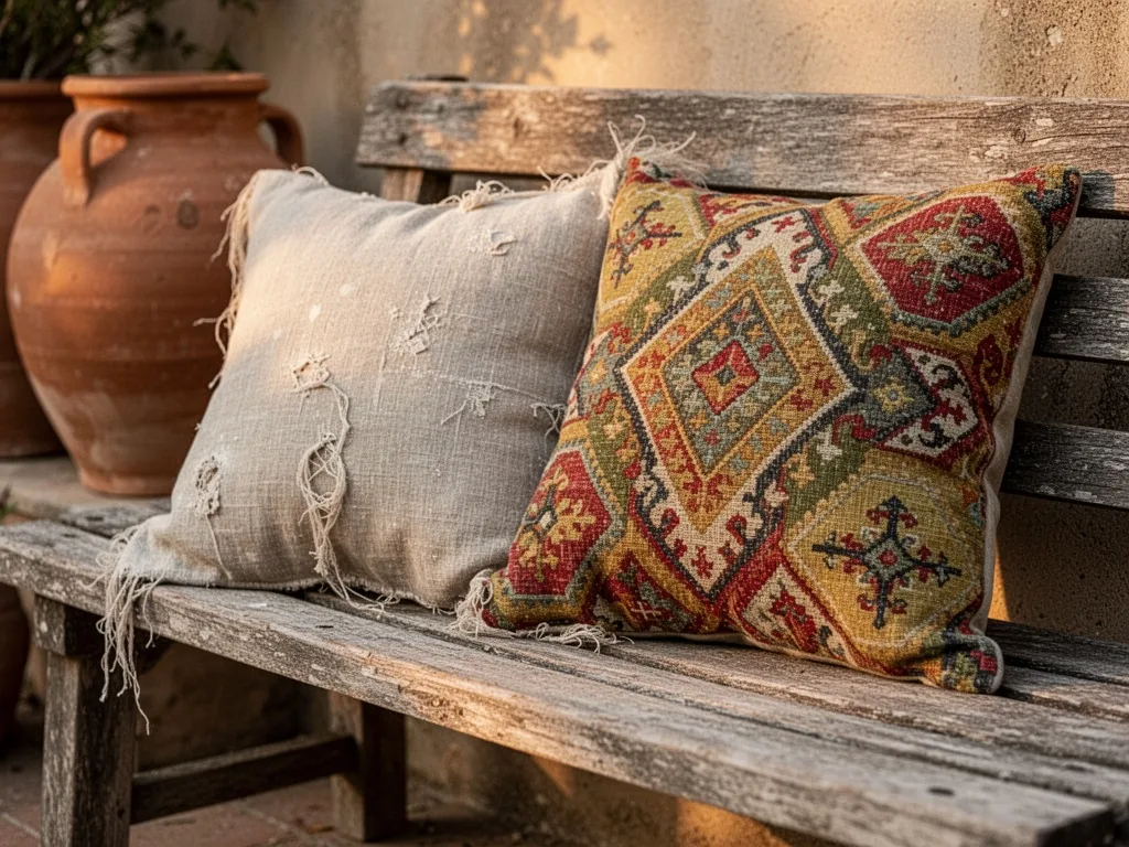 A sun-faded linen cushion with loose threads next to a vibrant performance-fabric cushion in the same tribal pattern, re