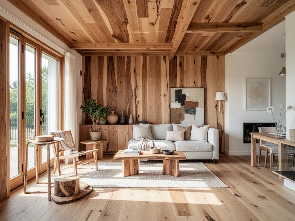 Salon lumineux avec table basse en bois massif, étagère murale en chêne et parquet clair.