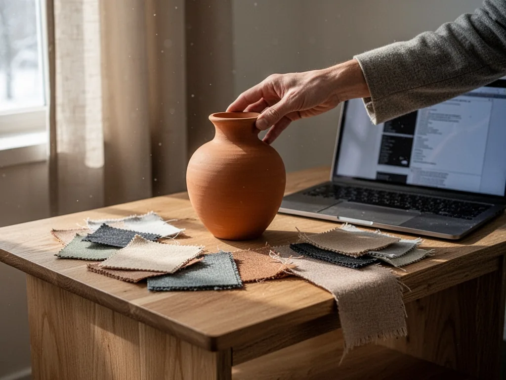 A designer's hand placing a terracotta vase on an empty oak side table, scattered fabric swatches beside a laptop screen