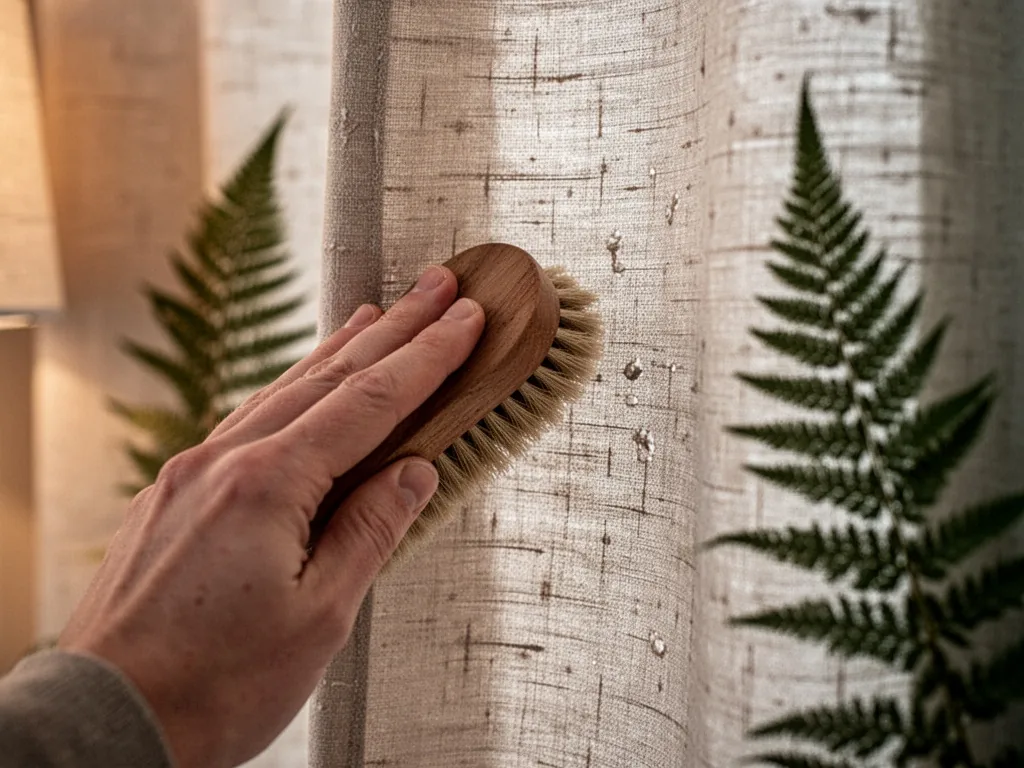 A close-up of a hand brushing a textured linen curtain, the weave visible, a single fern leaf blurred in background, war