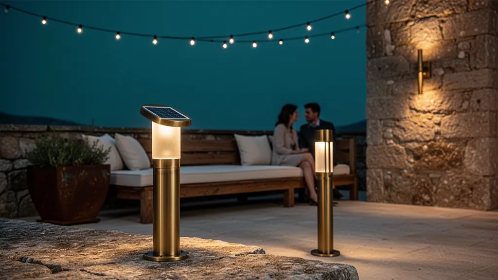 Borne solaire en métal brossé posée le long d'une allée de jardin au crépuscule, lumière chaude diffuse sur des gravillons clairs