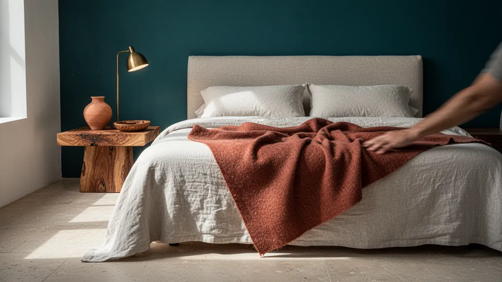 Chambre lumineuse avec draps en lin froissé, mur en chaux blanche et bol en grès posé sur une table de chevet en bois brut