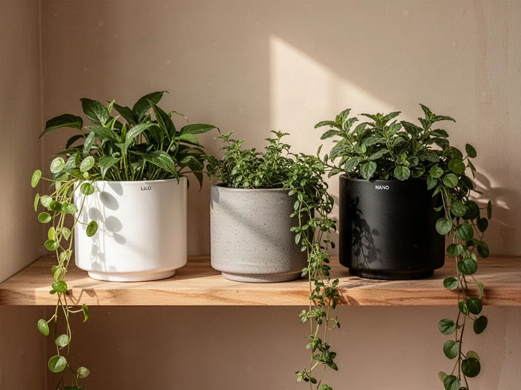 A white LILO planter, a grey Modulo planter, and a black Nano planter arranged by size on a sunlit wooden shelf, each wi