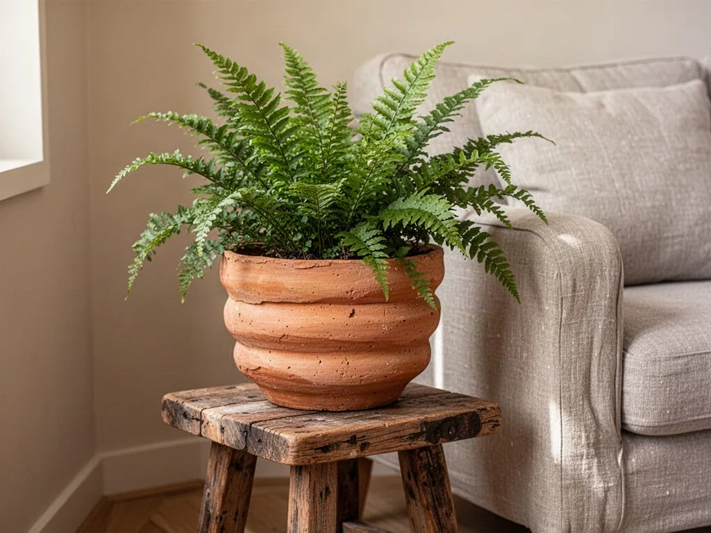 A handmade recycled terracotta planter with thick uneven walls holding a lush fern, placed on a reclaimed wooden stool b