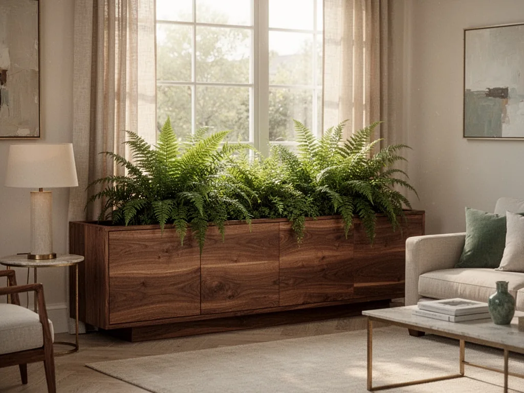 A low walnut cabinet with a built-in planter overflowing with ferns, standing beneath a large window, soft afternoon lig