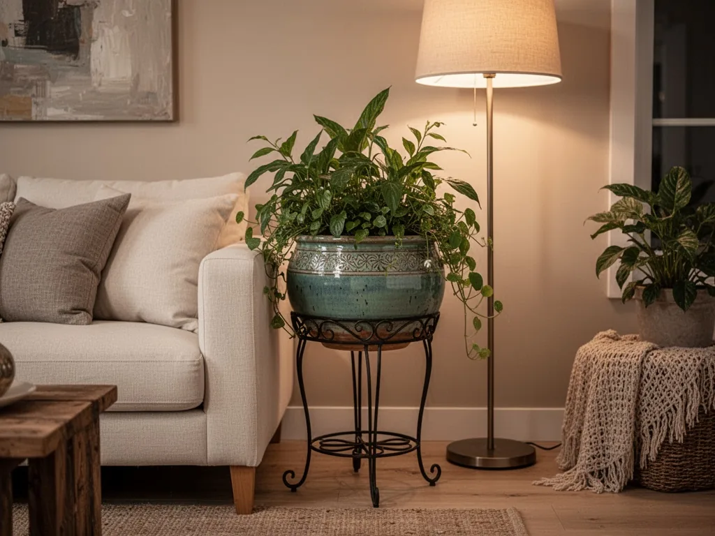 A ceramic jardinière on a wrought iron stand, nestled between a cream sofa and a floor lamp, leafy plants spilling over,
