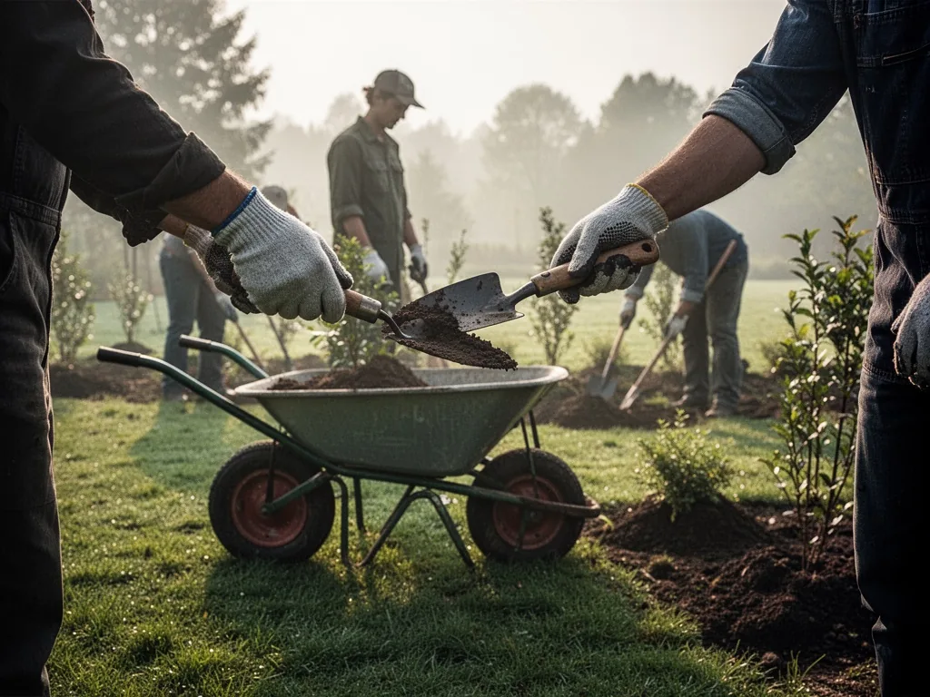 A pair of gloved hands passing a garden trowel to another worker, two silhouettes beside a wheelbarrow on lush lawn, sma