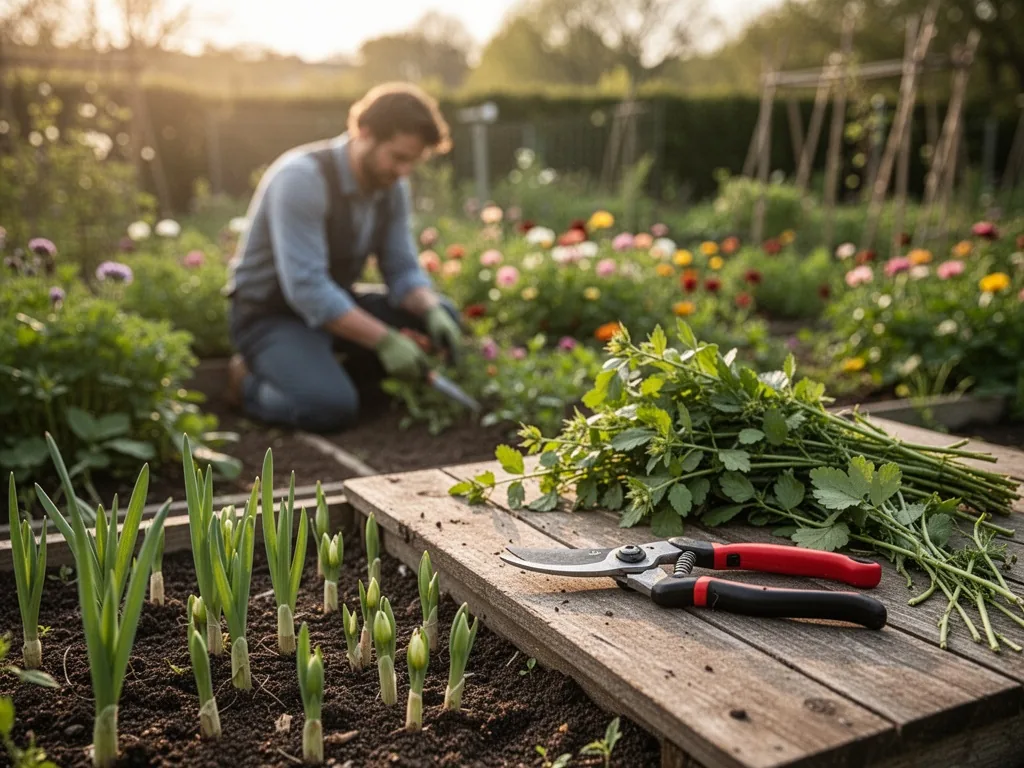 A flourishing garden with pruning shears and fresh cuttings on a wooden table, a blurred gardener kneeling by flowerbeds