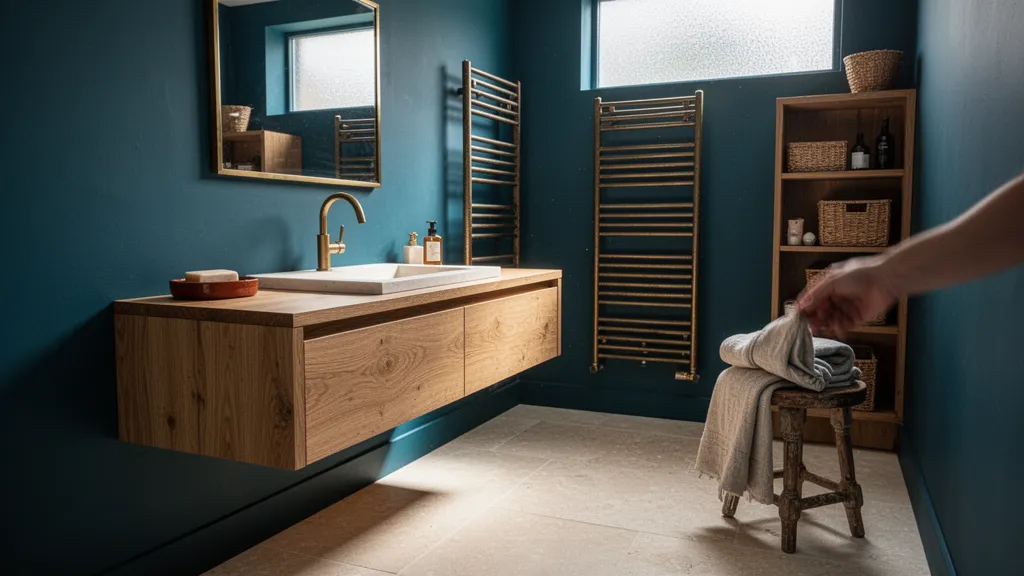 Petite salle de bain lumineuse avec meuble vasque en chêne massif, miroir rond et murs en carrelage blanc