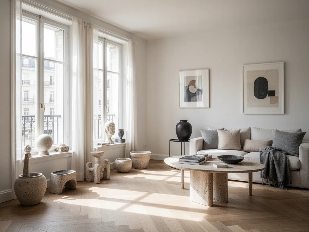 Un vase en grès posé sur un meuble en chêne, à côté d'une sculpture en verre et d'un coussin en lin lavé