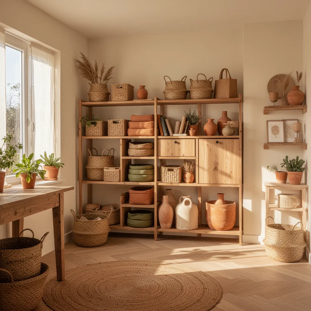 Intérieur organisé avec des rangements en bois, paniers en osier et étagères bien ordonnées