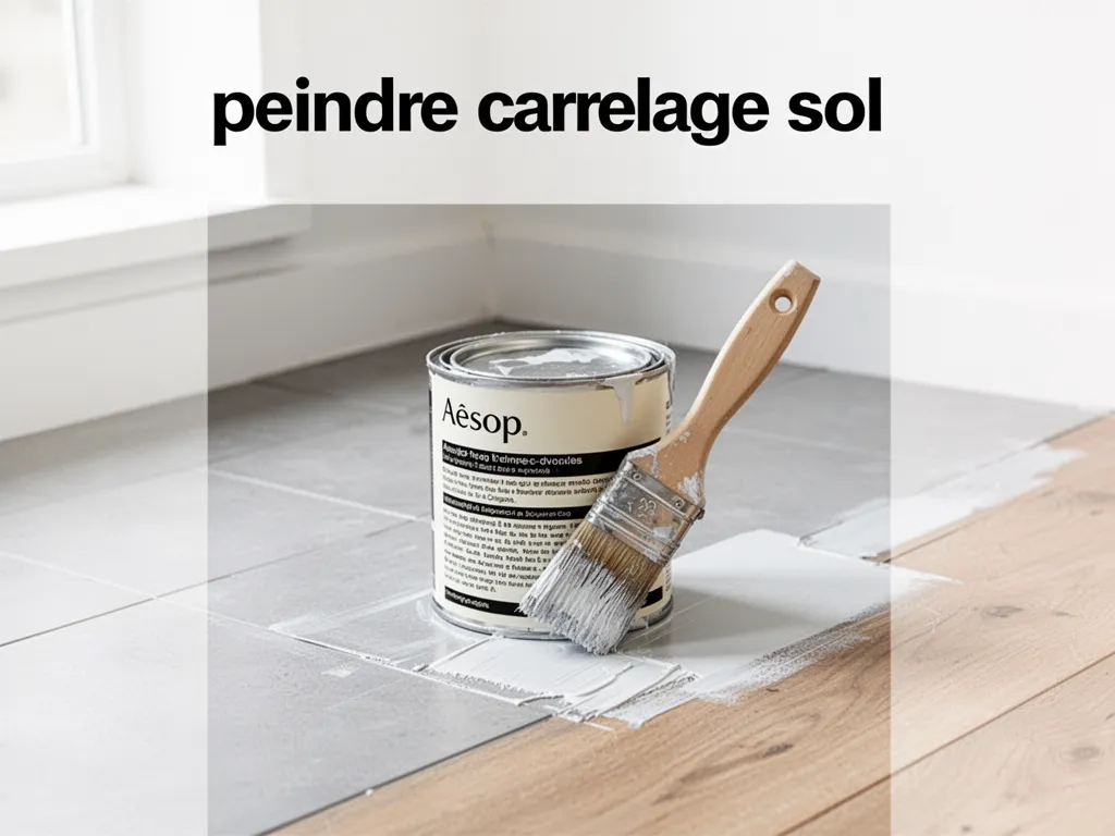 Sol carrelé en cours de peinture avec un rouleau, pot de peinture ouvert posé sur une bâche protectrice