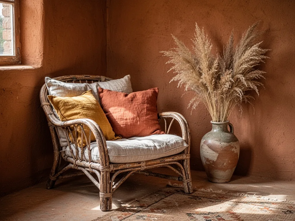 A sunlit corner of a bohemian living room with clay walls, worn rattan armchair, linen cushions in ochre and terracotta,