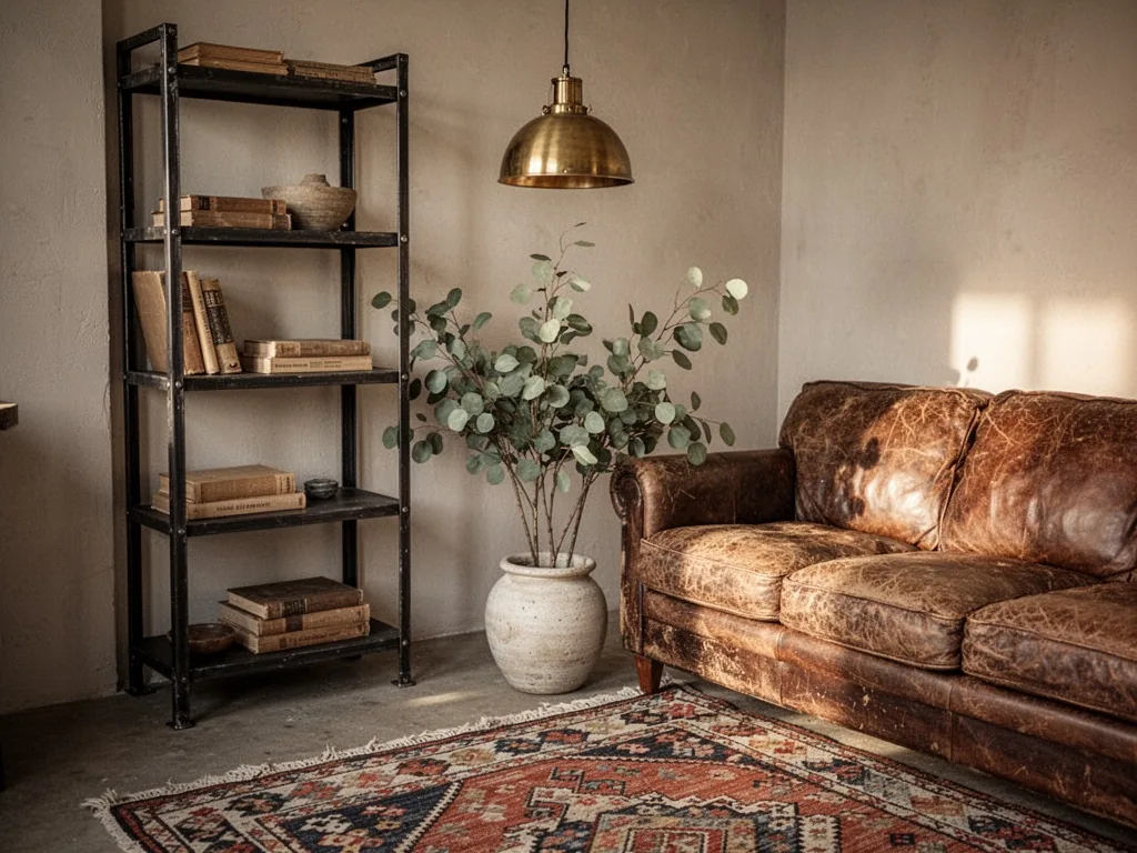 A weathered leather sofa beside a black metal industrial shelf, a kilim rug, a brass pendant lamp, eucalyptus branches i