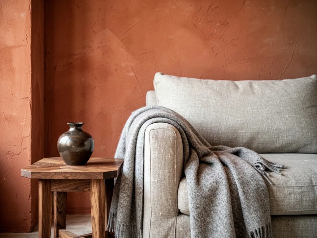 A terracotta plaster wall beside a beige linen sofa, greige wool throw draped over one arm, small dark bronze vase on oa