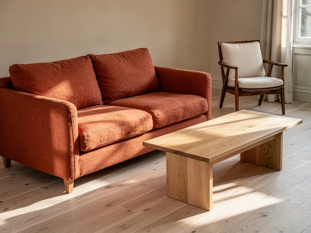 A terracotta linen sofa facing a light oak coffee table, walnut armchair with cream cushion in background, pale wooden f