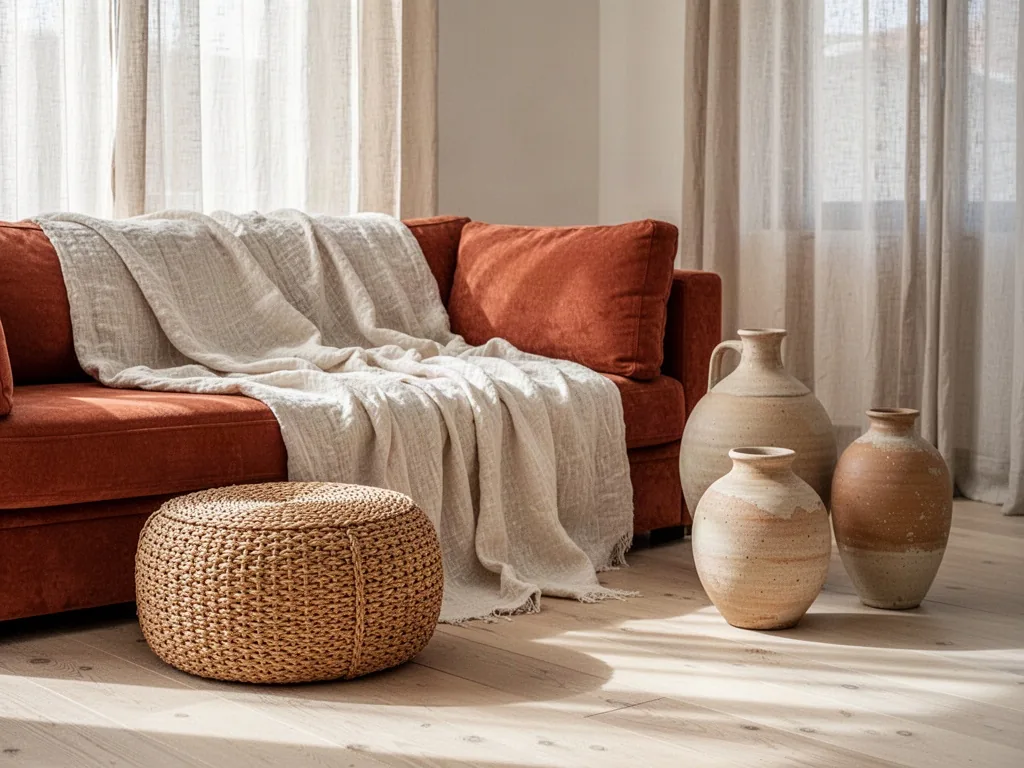 A terracotta sofa layered with ivory linen throw, woven rattan pouf, ceramic vases in sand and clay tones, sheer curtain
