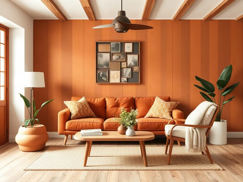 Canapé terracotta et table basse en bois massif dans un salon chaleureux