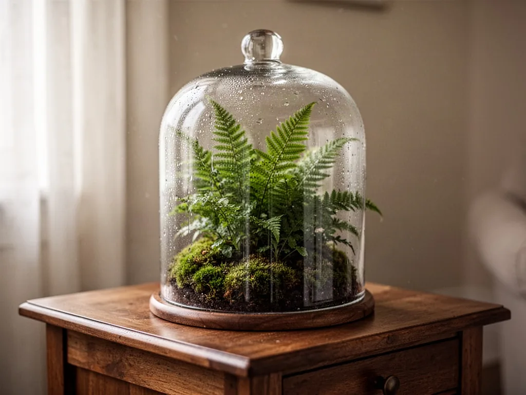 A glass cloche terrarium with thriving ferns and moss, condensation droplets on the glass, sitting on a wooden side tabl