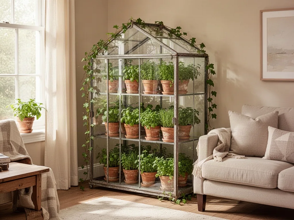 A glass display greenhouse in a bright living room corner, holding potted herbs and trailing vines, warm neutral palette