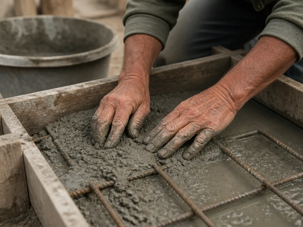 Photorealistic editorial photograph of weathered hands pressing damp concrete mix into a wooden form, steel rebar grid v