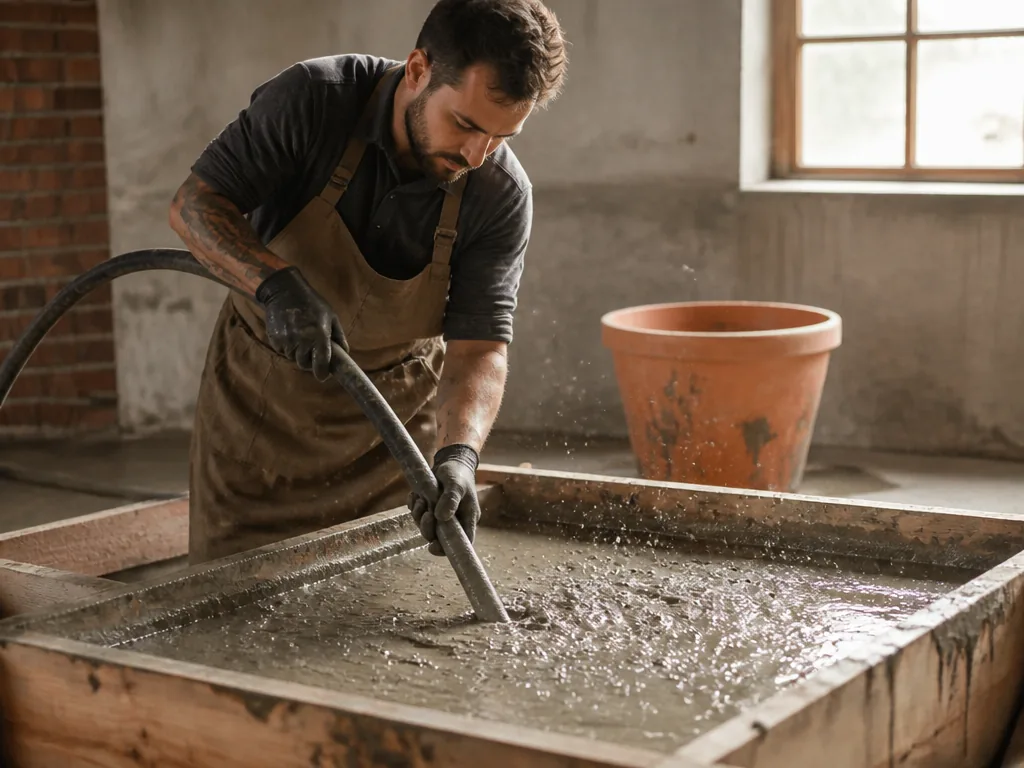 Photorealistic editorial photograph of a craftsman using a vibrating poker in a wet concrete form, fine aggregate swirli