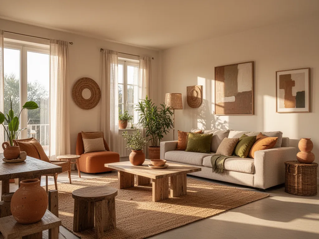 Salon contemporain décoré avec des matières naturelles, du bois brut et des teintes terreuses